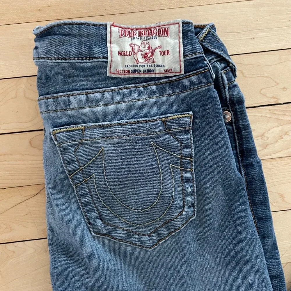 Y2K True Religion Low Rise Skinny Jeans Blue Distressed Size 28 Indie Sleaze